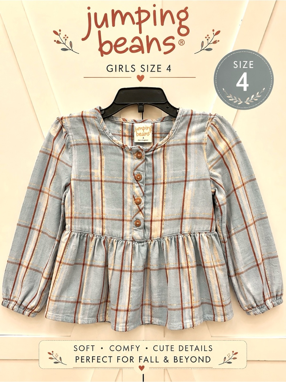 Jumping Beans Girls Size 4 Blue Plaid Peplum Top Metallic Gold Fall